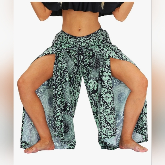 EXCELLENT USED CONDITION LU'S NAVY BLUE & TEAL CHIC WOMEN'S BOHO PANTS WIDE LEG - Picture 10 of 13